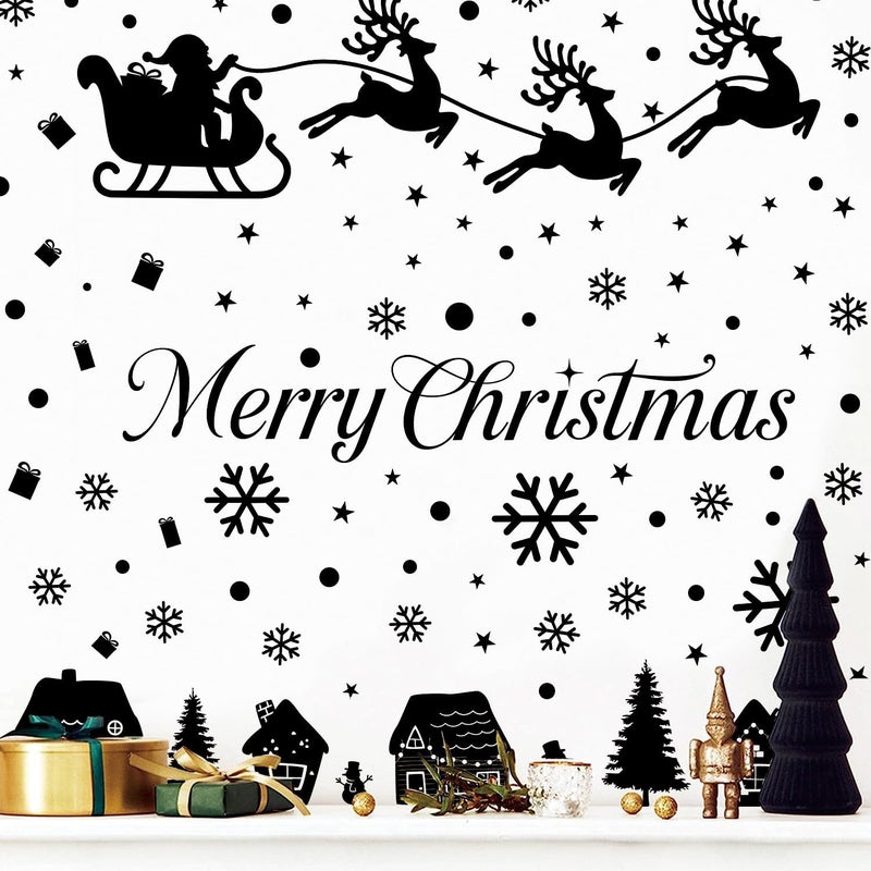 Kasubeso Merry Christmas Wall Decals, Black Santa Reindeer and Snowflake Window Clings, Removable Vinyl Wall Stickers for Holiday Party Bedroom Living Room Offices Home Decoration - Image 4